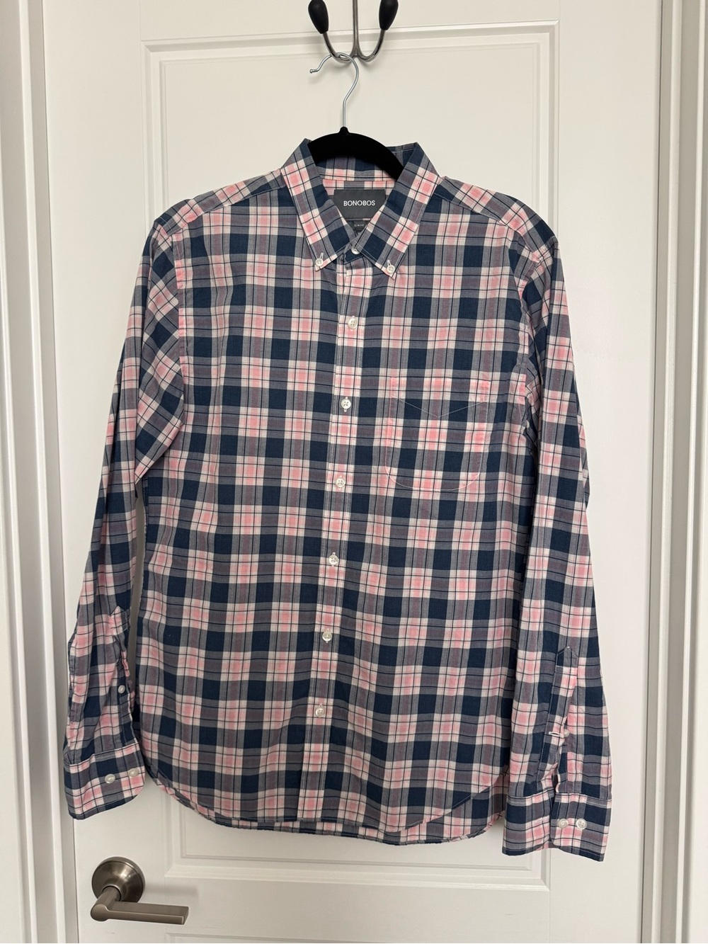 Bonobos Men's Navy and Pink Plaid Button-Down Shirt Size Medium